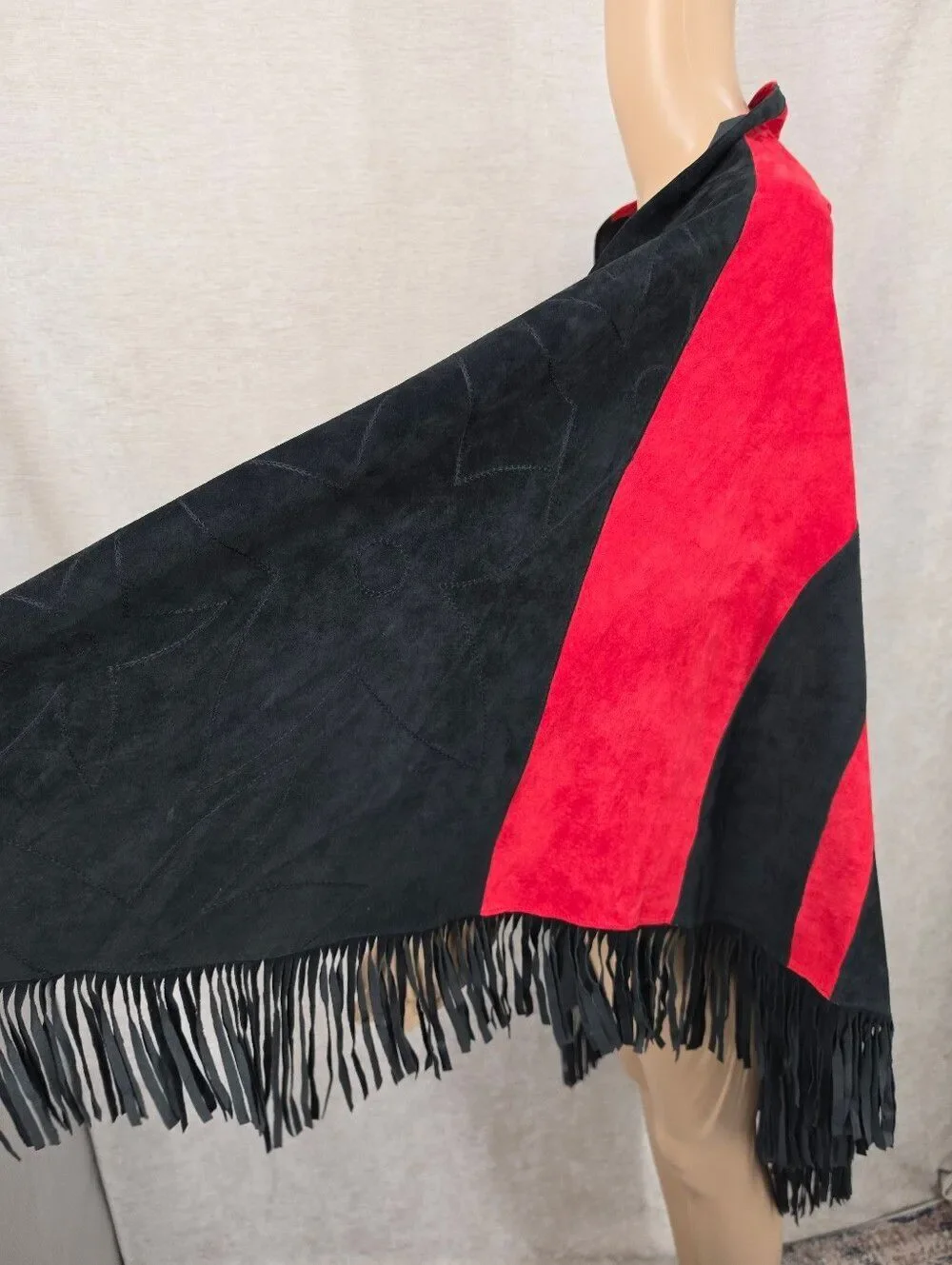 Vintage Black & Red Suede Nubuck All Leather Fringe Shawl Embroidered